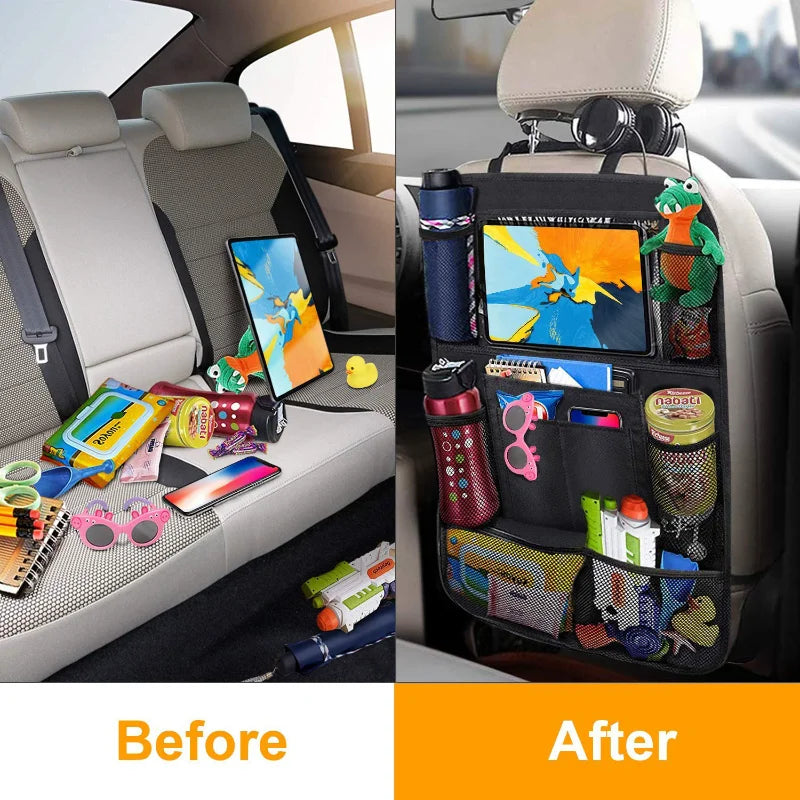 Car Back Seat Organizer with Touch Screen Tablet Holder Automatic Storage Pocket Protector for Travel